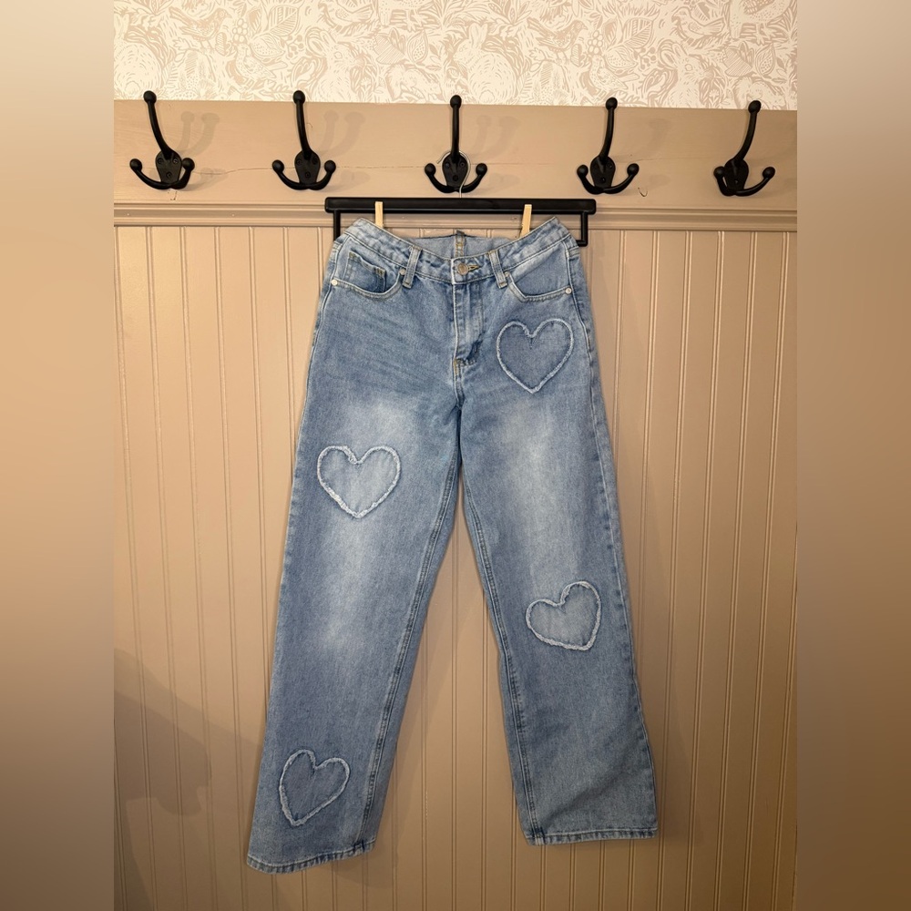 Cali1850 Light Blue Heart Embroidered Straight Leg Denim Jeans for Women Sz 5